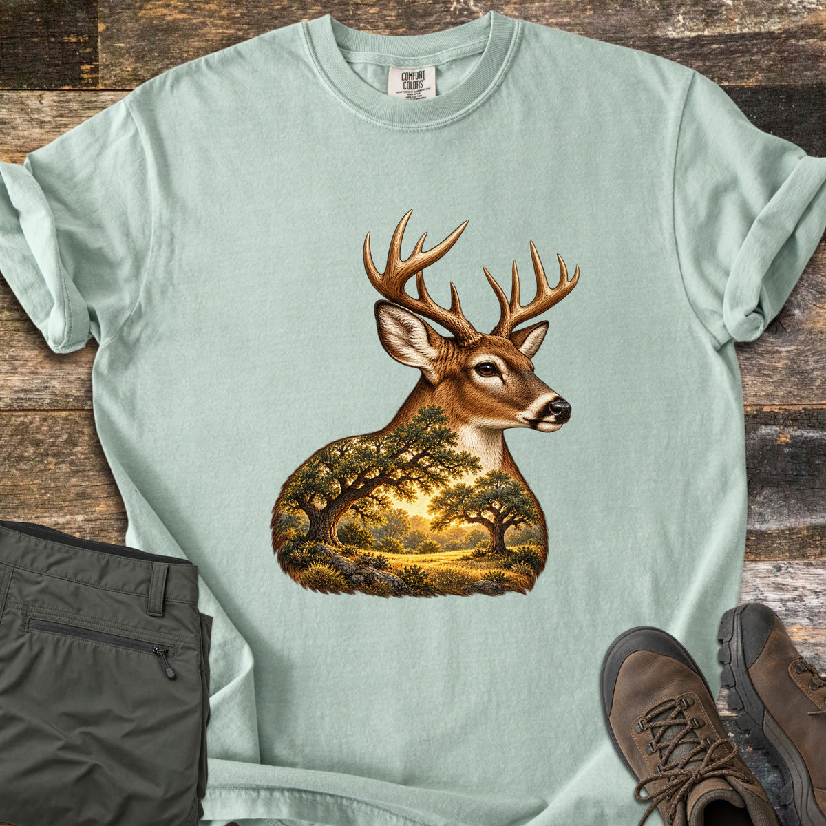 Whitetail Oak Grove Comfort Colors T-shirt in Bay, laid flat. A whitetail buck with branching antlers, its neck and chest filled with a sunlit grove of oak trees and grassy meadow. The shirt lies on weathered wood planks beside folded olive pants and brown hiking boots.