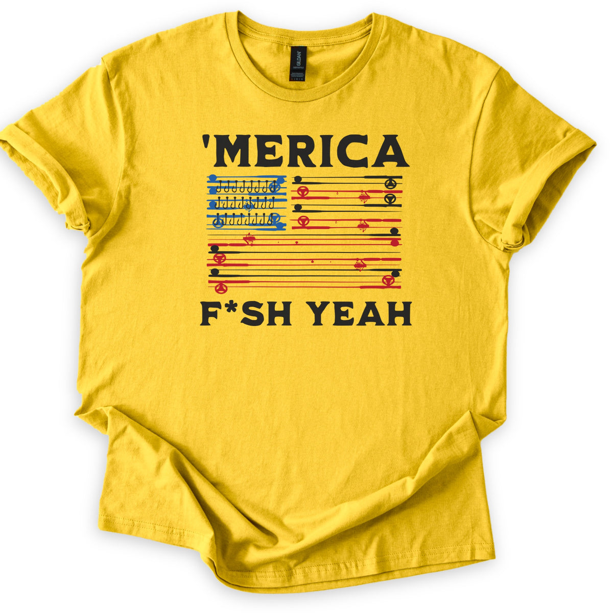 Fish America Fish Yeah Comfort Colors T-shirt in Daisy, laid flat. An American flag made of red and black fishing rods with reels, with rows of hooks in its blue corner, sits between 'MERICA and F*SH YEAH in black letters. Cuffed sleeves, on a white background.