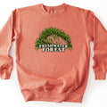 Freshwater Forest Comfort Colors crewneck sweatshirt in Terracotta, laid flat. An arched driftwood branch draped in green moss shelters three small fish and rising bubbles above the words Freshwater Forest in cream letters. The sweatshirt lies on a white background.