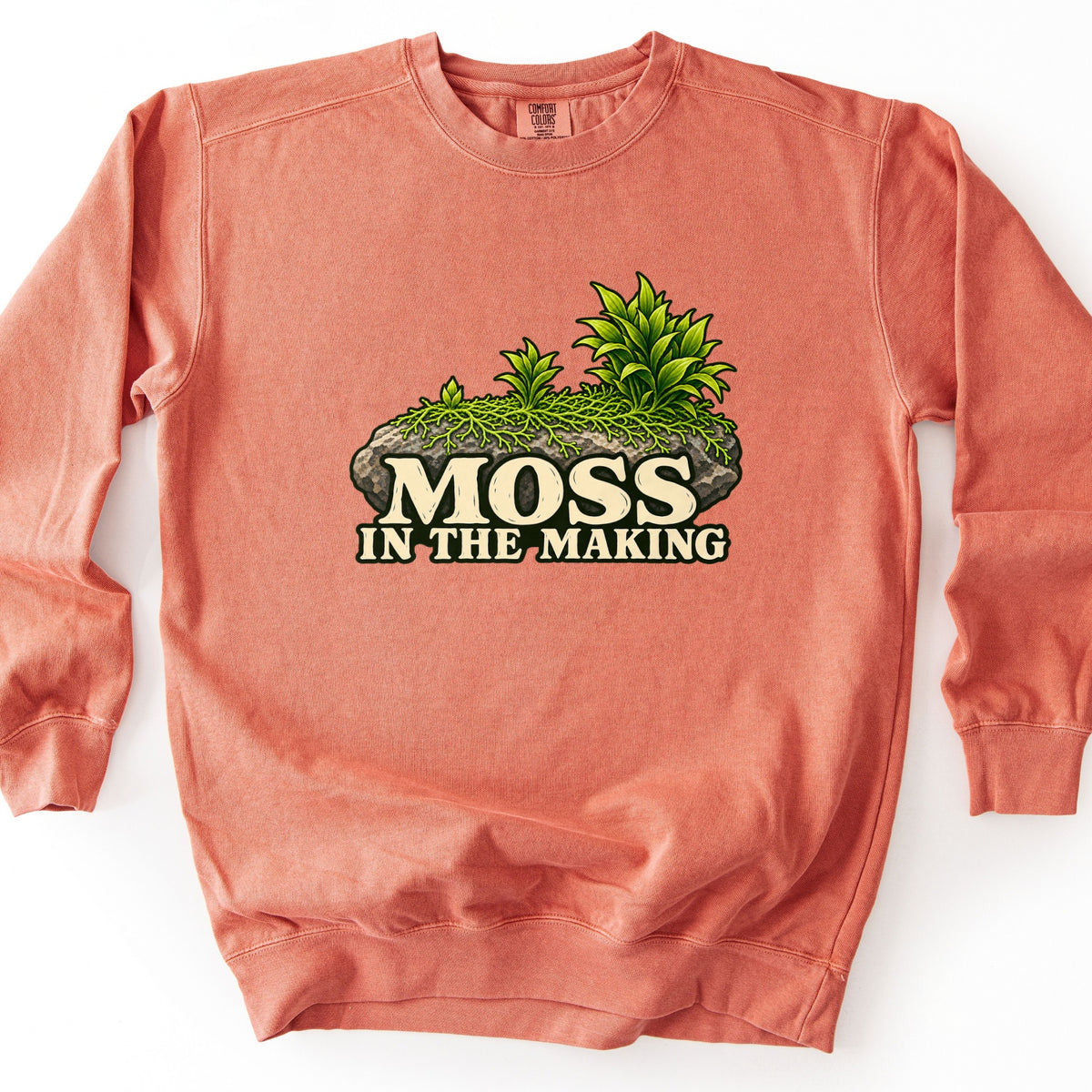 Moss in the Making Comfort Colors crewneck sweatshirt in Terracotta, laid flat. A rock covered in bright green moss with leafy plants sprouting on top sits above cream lettering that reads Moss in the Making. The sweatshirt lies on a white background.