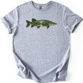 Pike Weed Bed Comfort Colors T-shirt in Sport Grey, laid flat. A northern pike faces right across the chest, its body filled with an underwater scene of green weeds and sun rays over a sandy bottom, with gold fins. No words. Sleeves are cuffed on a white background.