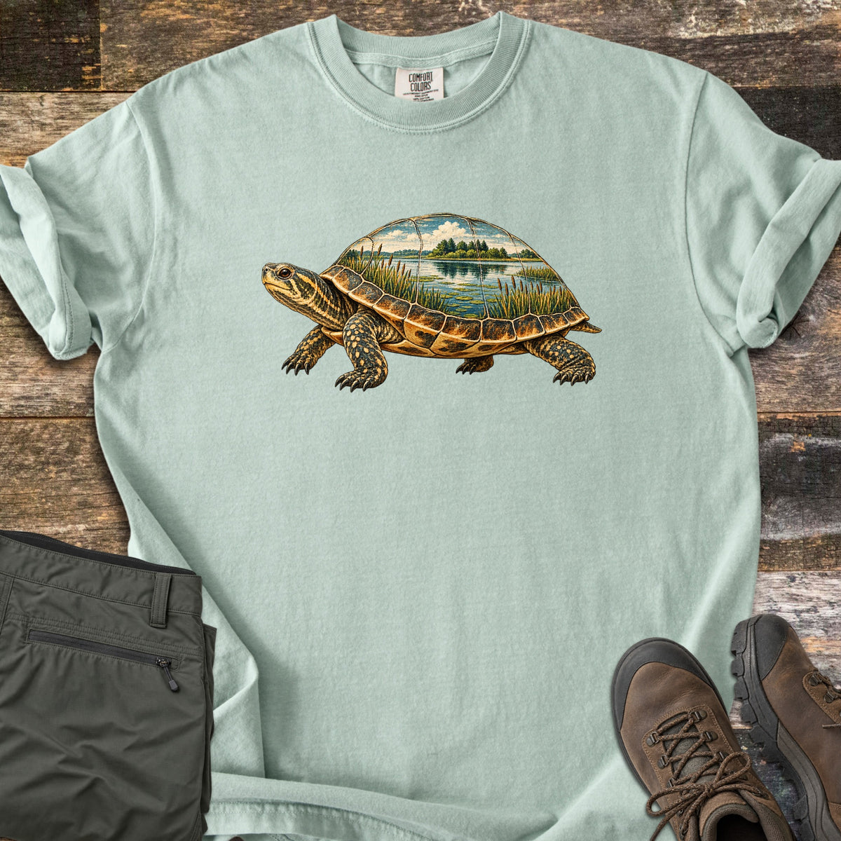Turtle Pond Comfort Colors T-shirt in Bay, laid flat. A turtle drawn in vintage illustration style, its shell showing a pond scene with cattails, water, trees and clouds. No words are printed. Olive hiking pants and brown hiking boots lie beside it on weathered wood.