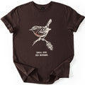 Small Bird Big Morning Comfort Colors T-shirt in Dark Chocolate, laid flat. A cream sketch of a wren with a rust-colored breast perches on a twig with a seed head, above the words Small Bird. Big Morning. The sleeves are rolled up, on a white background.