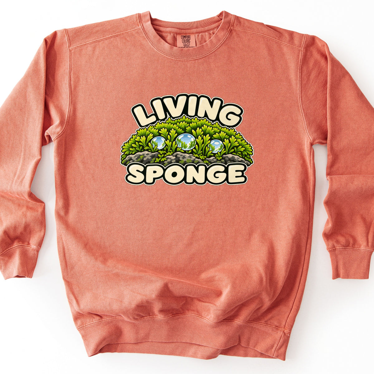 Living Sponge Comfort Colors crewneck sweatshirt in Terracotta, laid flat. The front shows a mound of bright green moss on gray rock holding three clear water droplets, with the words Living Sponge in cream bubble letters above and below. It lies on a white background.
