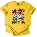 Helmet Hair Earned Out There Comfort Colors T-shirt in Daisy, laid flat. Helmet Hair in plum script sits above a cream mountain bike helmet resting on wavy brown hair, with Earned Out There and MTB in teal and orange below. The shirt lies on a white background.