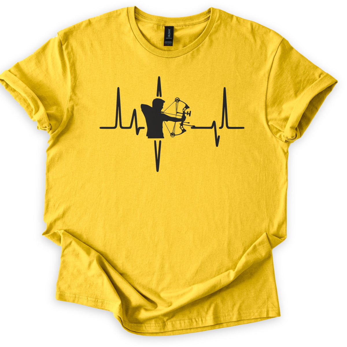 Compound Bow Archer Comfort Colors T-shirt in Daisy, laid flat. A black silhouette of an archer drawing a compound bow sits in the middle of a heartbeat line across the chest, with no words. The shirt lies on a white background with its sleeves cuffed.