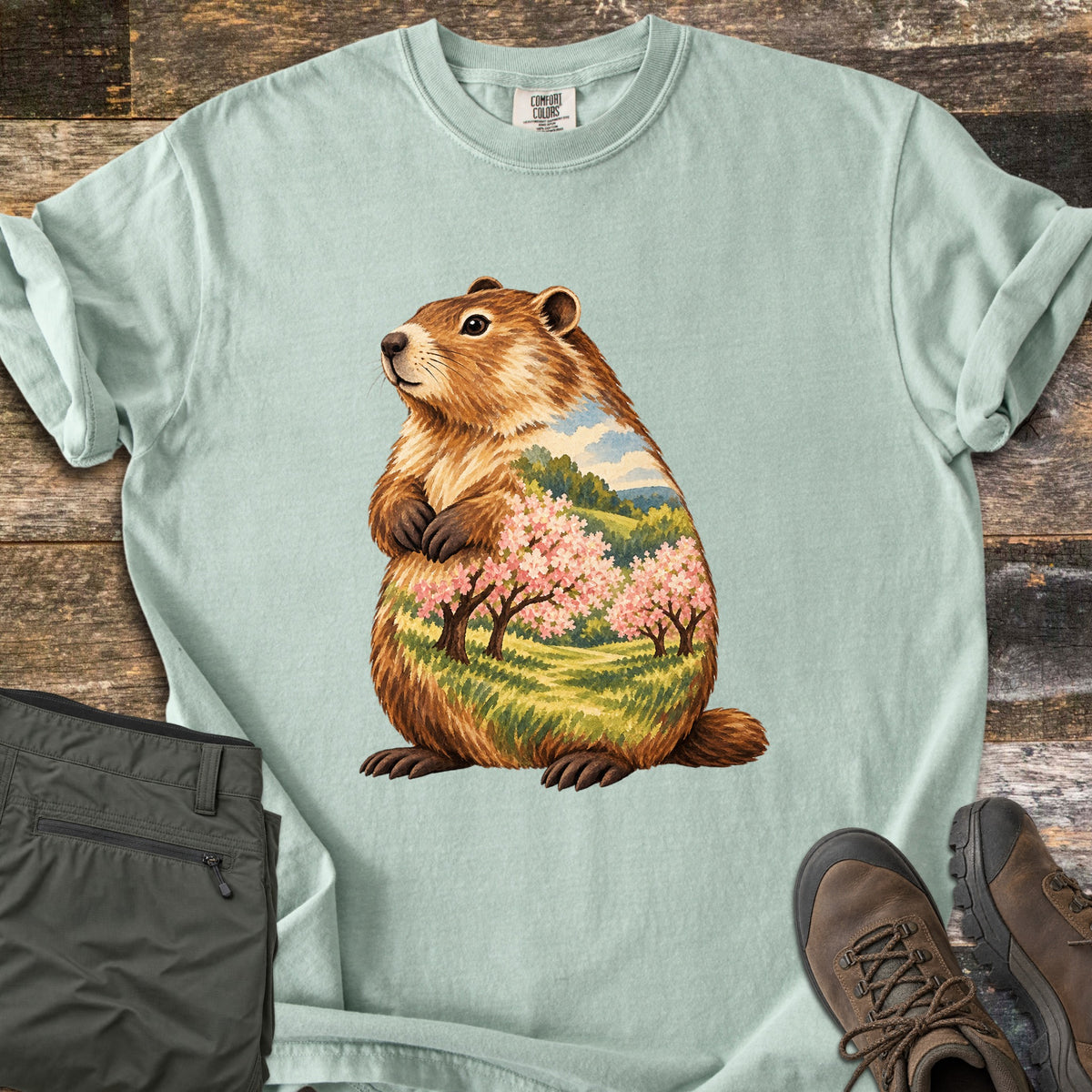 Groundhog Blossom Meadow Comfort Colors T-shirt in Bay, laid flat. A painted groundhog sits upright, its body filled with a spring meadow scene of pink blossoming trees, green hills and blue sky; no words. Sleeves rolled, on weathered wood beside folded olive pants and brown hiking boots.