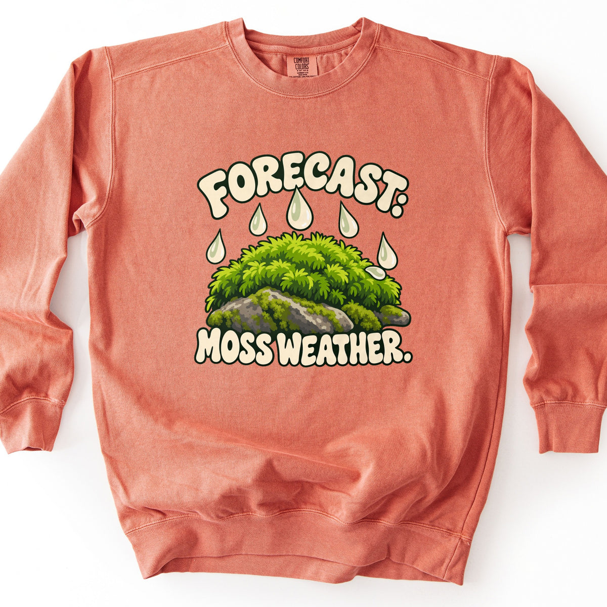 Forecast Moss Weather Comfort Colors crewneck sweatshirt in Terracotta, laid flat. The front shows a mound of bright green moss on a gray rock with cream raindrops falling on it, between the words Forecast: above and Moss Weather. below. The sweatshirt lies on a white background.
