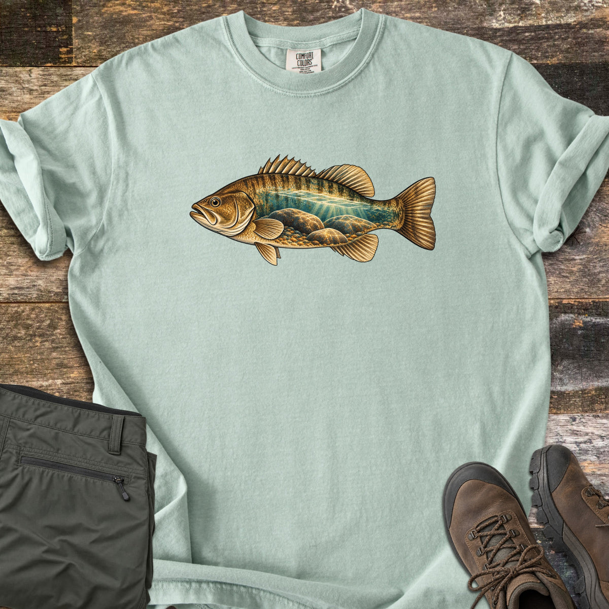 Rocky Shallows Bass Comfort Colors T-shirt in Bay, laid flat. A golden-brown bass faces left, its body filled with a scene of sunlit teal water over rounded rocks, with no words. The shirt lies on weathered wood planks beside folded olive pants and brown hiking boots.