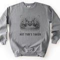 Hot Tub's Taken Comfort Colors crewneck sweatshirt in Grey, laid flat. A black sketch of two bears and a moose soaking in a steaming wooden barrel hot tub, framed by camera viewfinder corners, above the words HOT TUB'S TAKEN. Shown on a white background.