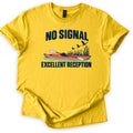 Excellent Reception Comfort Colors T-shirt in Daisy, laid flat. Navy text reads No Signal above an orange kayak with a paddle on blue water, cattails and birds in flight, then Excellent Reception below. The shirt has cuffed sleeves on a white background.