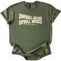 Downhill Dreams Uphill Noises Comfort Colors T-shirt in Military Green, laid flat. Cream wavy lettering reads Downhill Dreams Uphill Noises, with MTB in sage green between two green lines below. The shirt has rolled sleeves and lies on a white background.