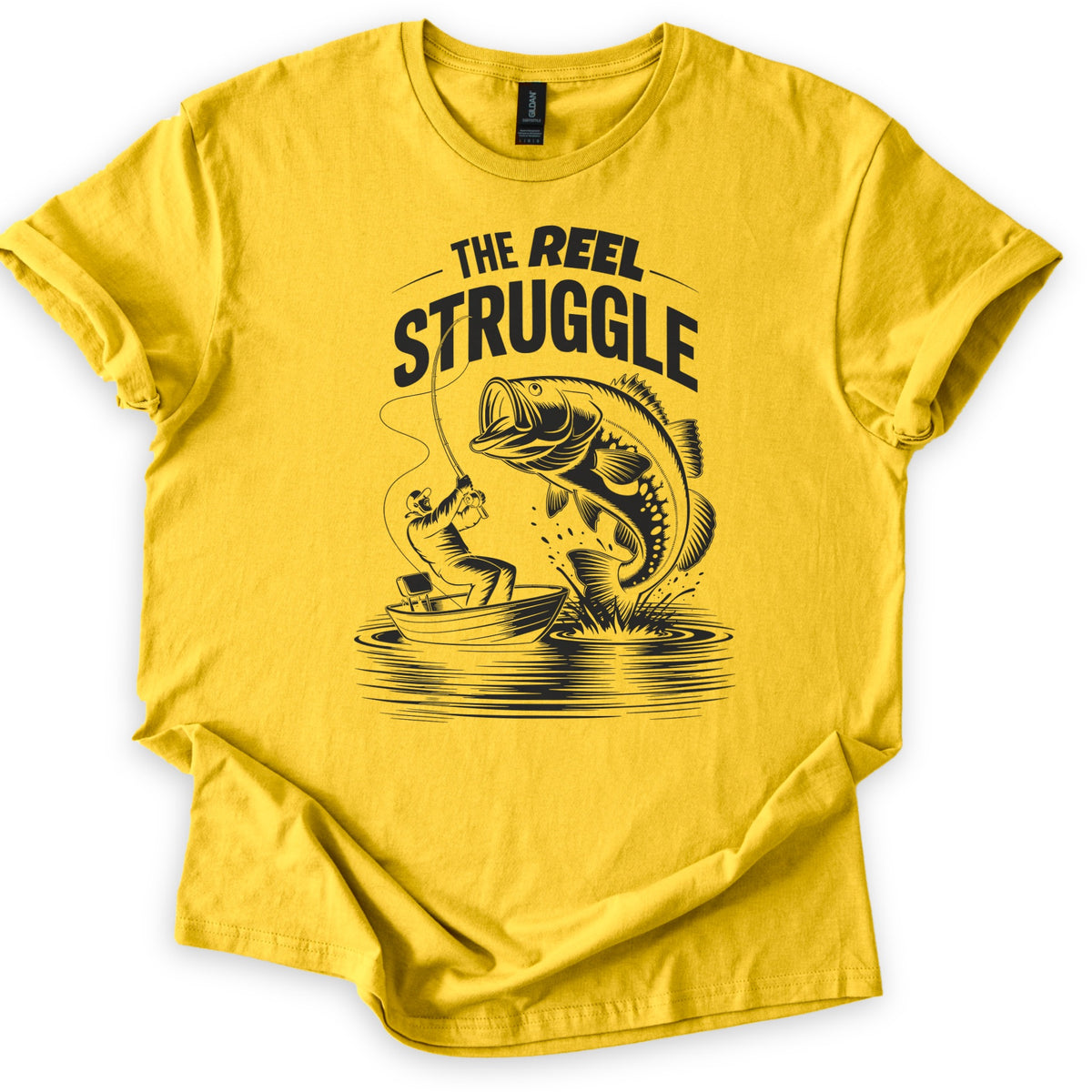 Reel Struggle Comfort Colors T-shirt in Daisy, laid flat. Black print of the words The Reel Struggle above a fisherman in a small boat leaning back on a bent rod as a large bass leaps from the water. The sleeves are rolled, on a white background.