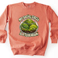 My Social Circle Is a Terrarium Comfort Colors crewneck sweatshirt in Terracotta, laid flat. Front print shows a round glass terrarium holding three smiling moss balls among rocks and soil, with the words My Social Circle above and Is a Terrarium. below. Shown on a white background.