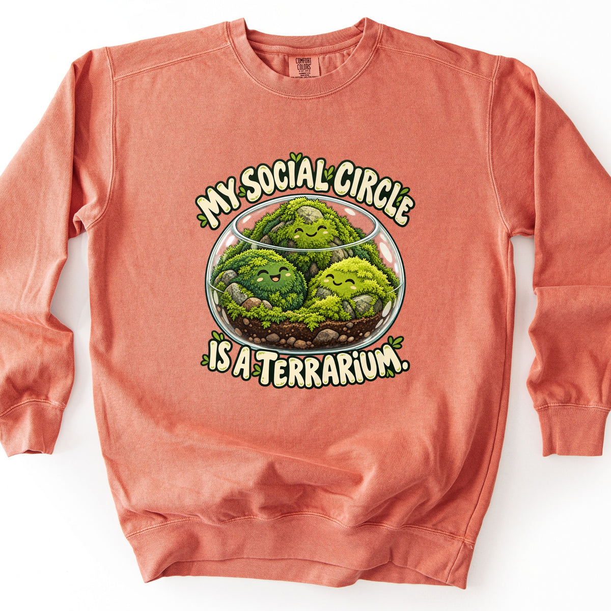 My Social Circle Is a Terrarium Comfort Colors crewneck sweatshirt in Terracotta, laid flat. Front print shows a round glass terrarium holding three smiling moss balls among rocks and soil, with the words My Social Circle above and Is a Terrarium. below. Shown on a white background.