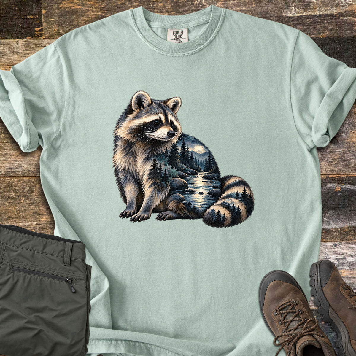 Raccoon Night Creek Comfort Colors T-shirt in Bay, laid flat. A realistic raccoon sits looking over its shoulder, its body filled with a moonlit forest creek scene with pine trees and rocks. No words. Sleeves are cuffed, on rustic wood with olive pants and brown hiking boots.