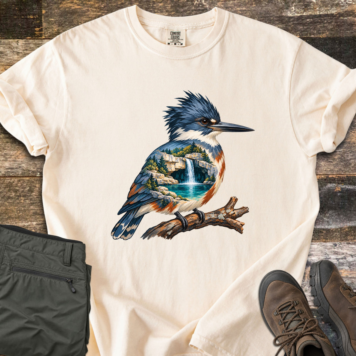 Kingfisher Waterfall Comfort Colors T-shirt in Ivory, laid flat. A painted belted kingfisher perches on a branch, a waterfall pouring into a turquoise pool among rocks and pine trees within its body. The shirt lies on weathered wood beside olive pants and brown hiking boots.