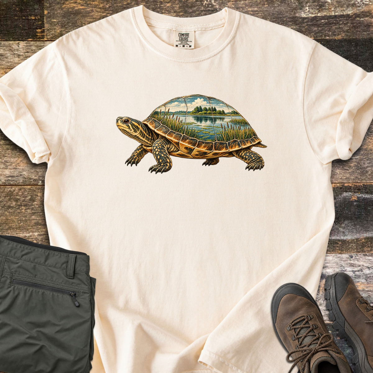 Turtle Pond Comfort Colors T-shirt in Ivory, laid flat. A turtle drawn in vintage illustration style, its shell showing a pond scene with cattails, water, trees and clouds. No words are printed. Olive hiking pants and brown hiking boots lie beside it on weathered wood.