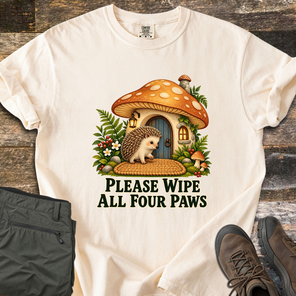 Please Wipe All Four Paws Comfort Colors T-shirt in Ivory, laid flat. A hedgehog stands on a woven doormat outside a spotted orange mushroom house with a blue door, lantern and ferns, above the words Please Wipe All Four Paws. Gray pants and brown hiking boots lie on weathered wood.