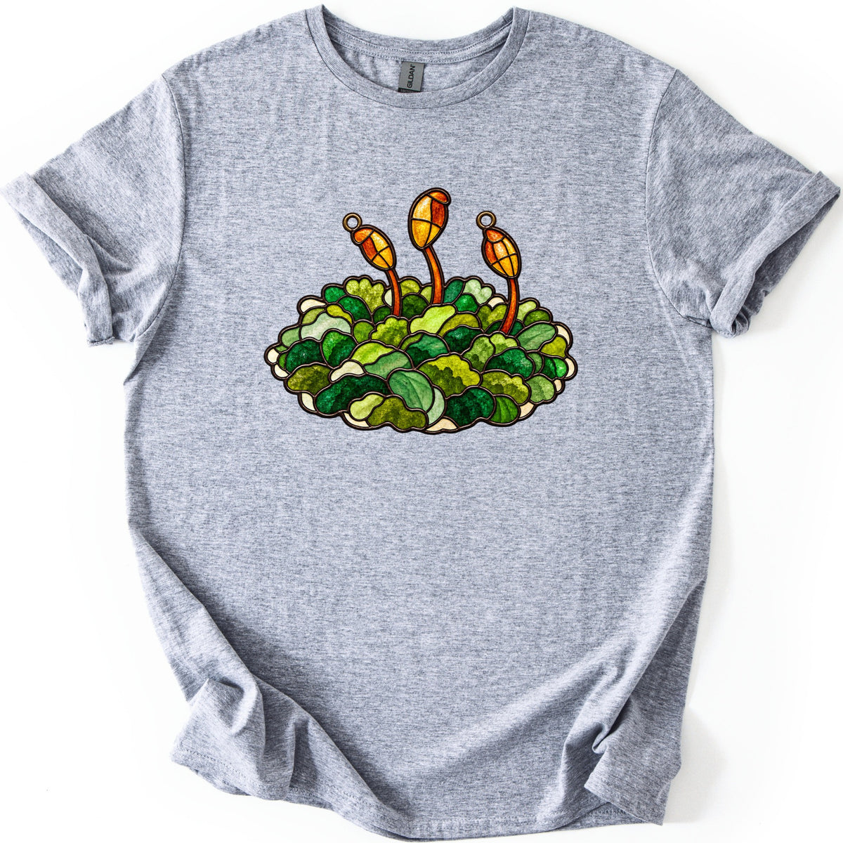 Stained Glass Moss Comfort Colors T-shirt in Sport Grey, laid flat. A stained glass style mound of green moss with three orange and yellow spore capsules on thin stalks rising from it, with no words. The shirt has rolled sleeves and lies on a white background.