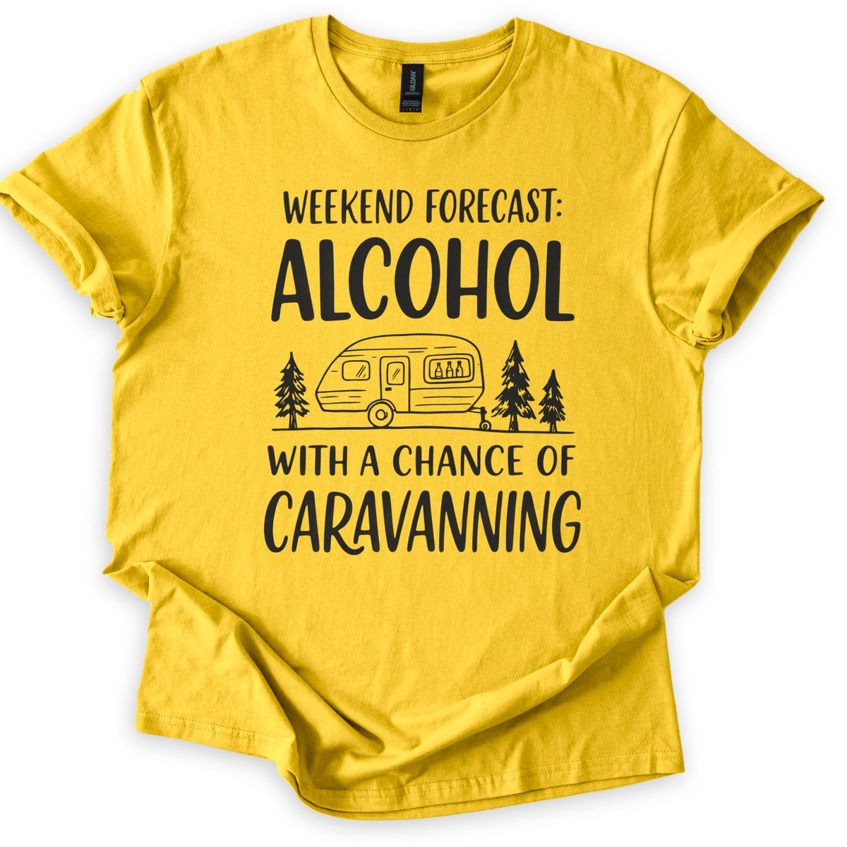 Weekend Forecast Caravanning Comfort Colors T-shirt in Daisy, laid flat. Black print reads Weekend Forecast: Alcohol With a Chance of Caravanning around a line drawing of a caravan with bottles in its window between pine trees. Sleeves are cuffed on a white background.