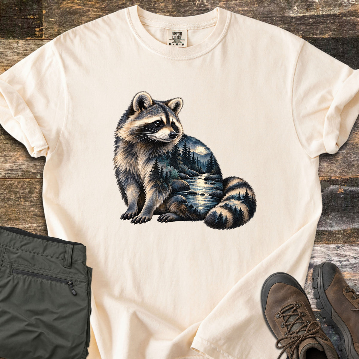 Raccoon Night Creek Comfort Colors T-shirt in Ivory, laid flat. A realistic raccoon sits looking over its shoulder, its body filled with a moonlit forest creek scene with pine trees and rocks. No words. Sleeves are cuffed, on rustic wood with olive pants and brown hiking boots.