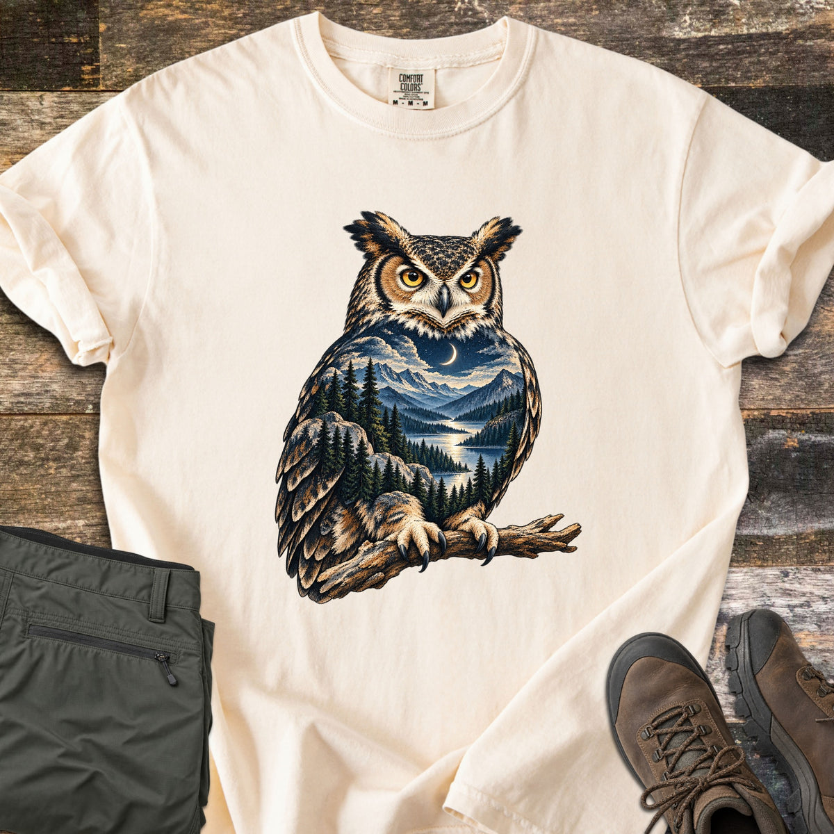 Owl Mountain Lake Comfort Colors T-shirt in Ivory, laid flat. A great horned owl perched on a branch, its body filled with a night scene of a crescent moon, snowy mountains, pine forest and a lake. Olive hiking pants and brown boots sit beside it on weathered wood.
