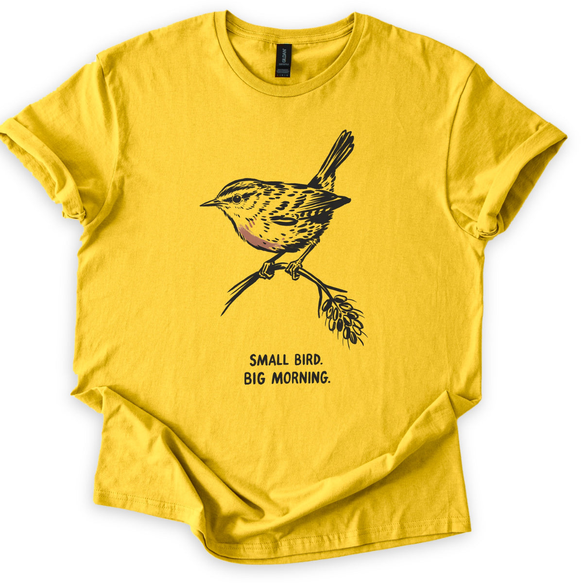 Small Bird Big Morning Comfort Colors T-shirt in Daisy, laid flat. A black ink sketch of a wren with a pink-tinted breast perches on a twig with a seed head, above the words Small Bird. Big Morning. The sleeves are rolled up, on a white background.