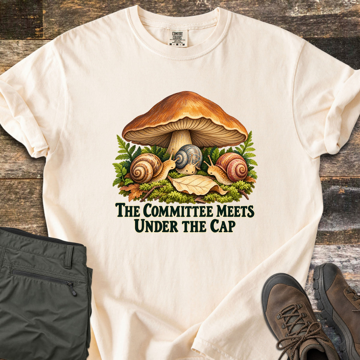 The Committee Meets Under the Cap Comfort Colors T-shirt in Ivory, laid flat. A large brown mushroom shelters three snails on moss, ferns and fallen leaves above the words The Committee Meets Under the Cap in dark green. Olive pants and brown hiking boots sit on a weathered wood surface.