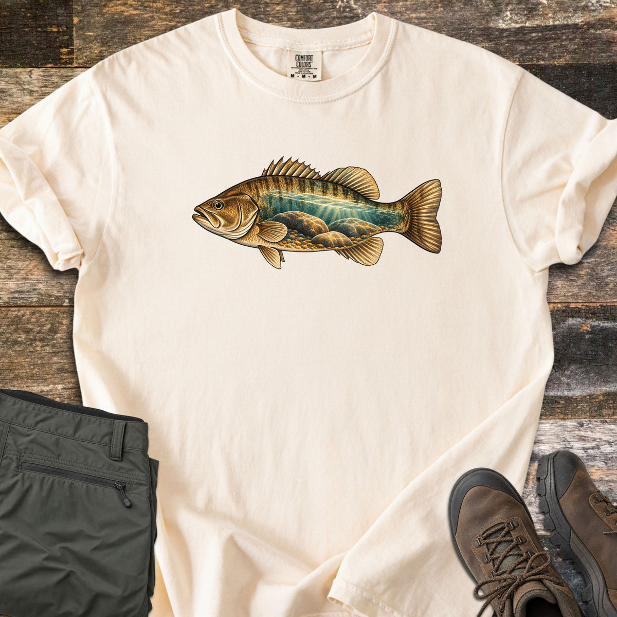 Rocky Shallows Bass Comfort Colors T-shirt in Ivory, laid flat. A golden-brown bass faces left, its body showing sun rays through teal water above rounded rocks, with no words. The rolled-sleeve shirt lies on weathered wood with folded olive pants and brown hiking boots.