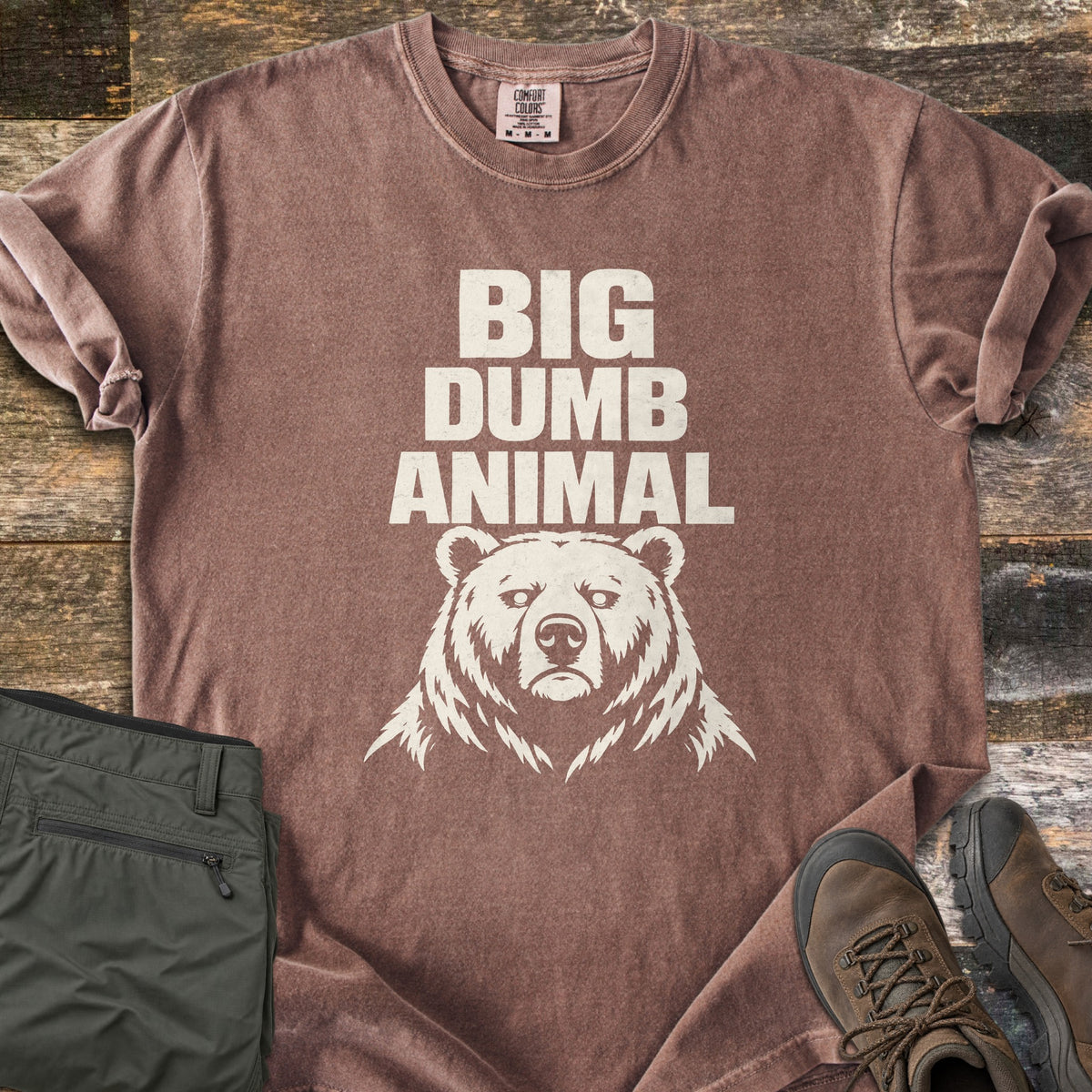 Big Dumb Animal Comfort Colors T-shirt in Espresso, laid flat. Bold cream block letters read Big Dumb Animal above a grumpy-faced bear head. The shirt, sleeves rolled, lies on weathered wood planks beside folded olive hiking pants and brown hiking boots.