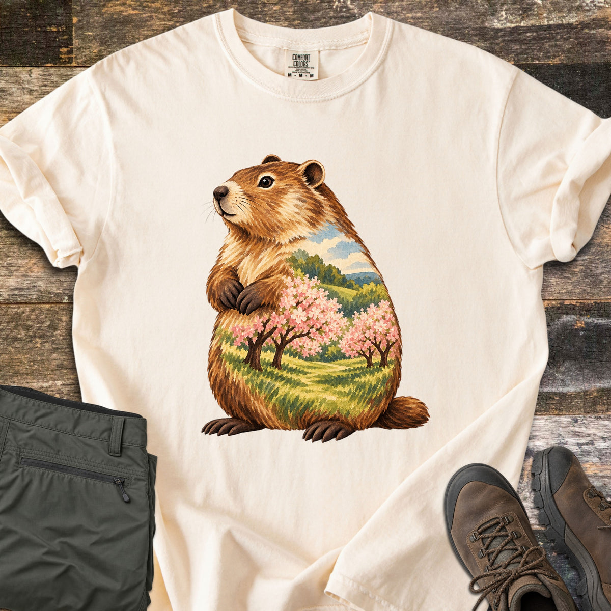 Groundhog Blossom Meadow Comfort Colors T-shirt in Ivory, laid flat. A painted groundhog sits upright, its body filled with a spring meadow scene of pink blossoming trees, green hills and blue sky; no words. Sleeves rolled, on weathered wood beside folded olive pants and brown hiking boots.