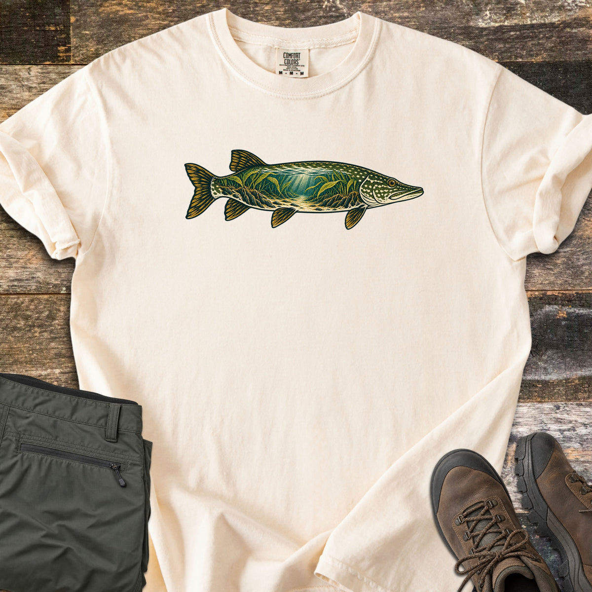 Pike Weed Bed Comfort Colors T-shirt in Ivory, laid flat. A northern pike illustration across the chest, its body filled with an underwater scene of green weeds and light rays. The shirt lies on weathered wood beside folded olive pants and brown hiking boots.