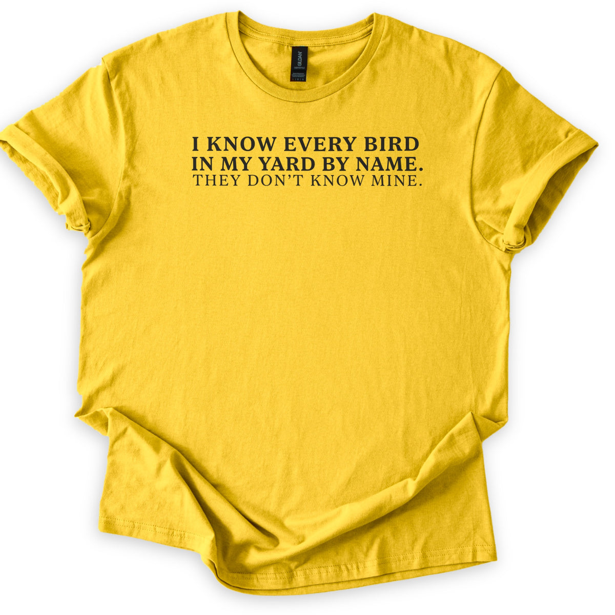 I Know Every Bird in My Yard by Name Comfort Colors T-shirt in Daisy, laid flat. Black serif text across the chest reads I KNOW EVERY BIRD IN MY YARD BY NAME. THEY DON'T KNOW MINE. The sleeves are cuffed and the shirt lies on a plain white background.