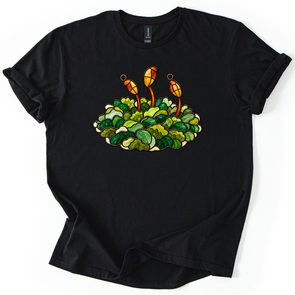 Stained Glass Moss Comfort Colors T-shirt in Black, laid flat. A stained glass style mound of green moss with three orange and yellow spore capsules on thin stalks rising from it, with no words. The shirt has rolled sleeves and lies on a white background.