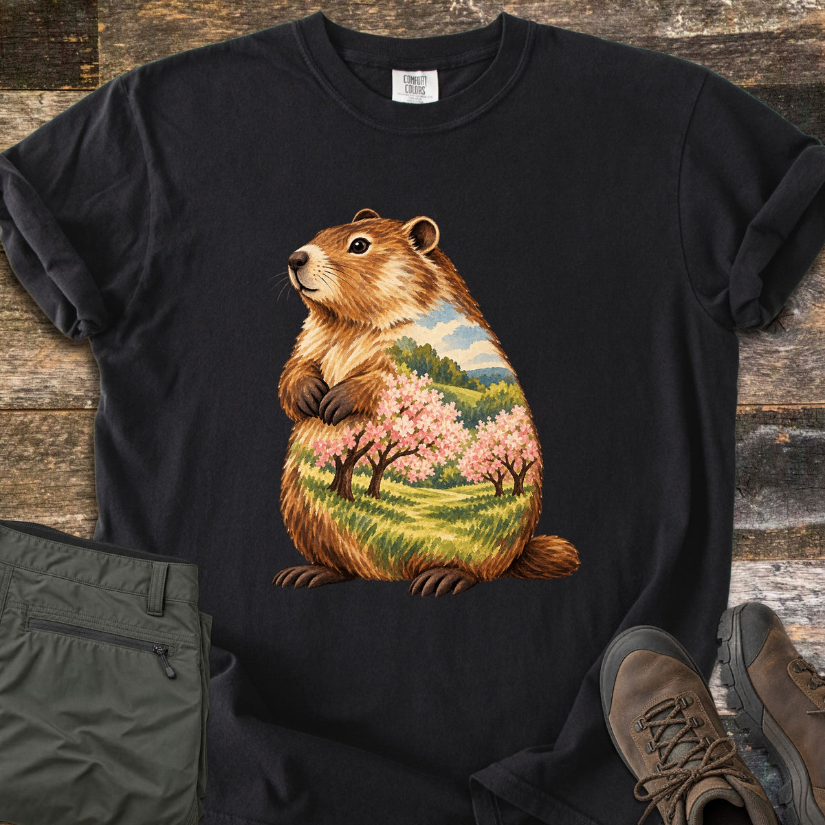 Groundhog Blossom Meadow Comfort Colors T-shirt in Black, laid flat. A painted groundhog sits upright, its body filled with a spring meadow scene of pink blossoming trees, green hills and blue sky; no words. Sleeves rolled, on weathered wood beside folded olive pants and brown hiking boots.