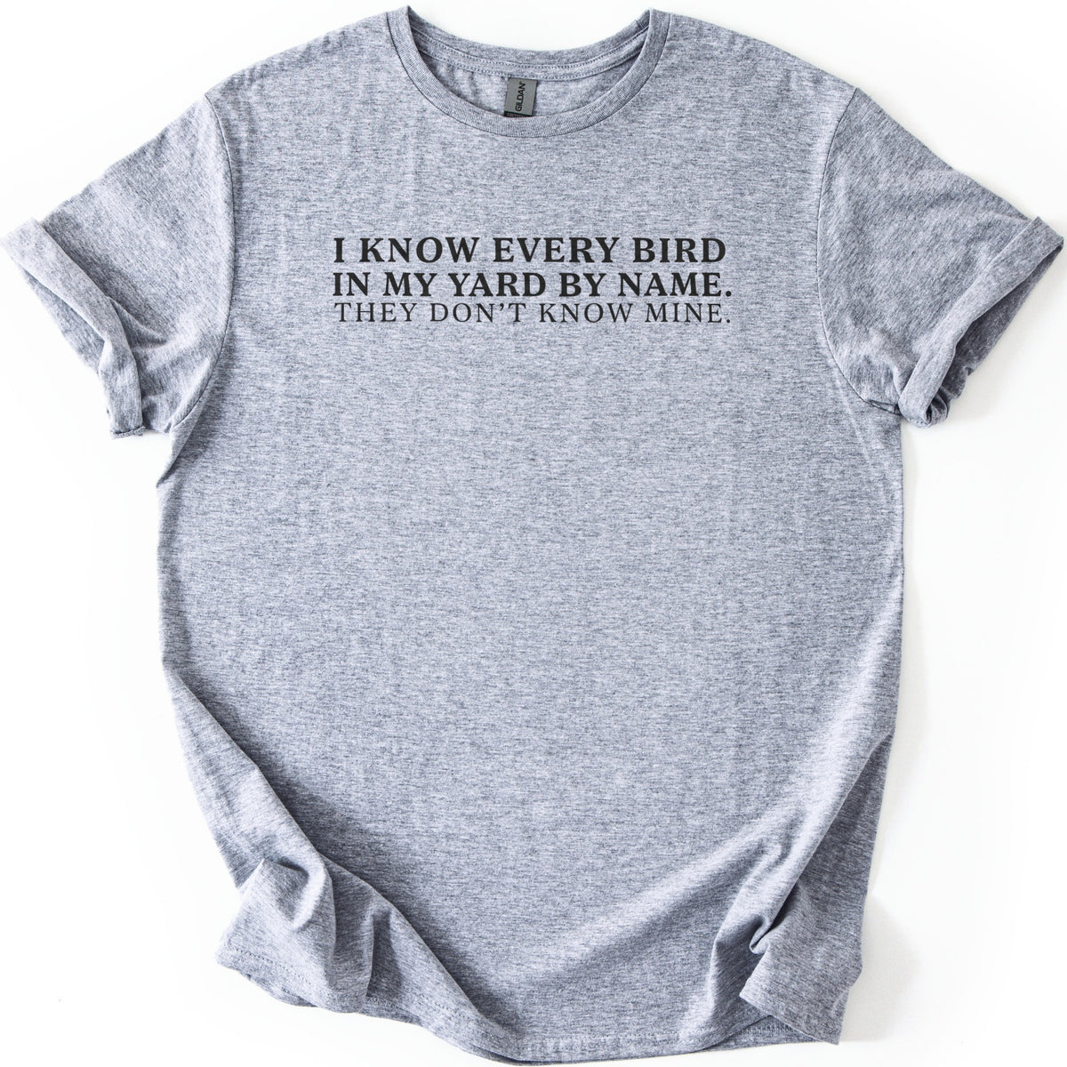 I Know Every Bird in My Yard by Name Comfort Colors T-shirt in Sport Grey, laid flat. Black serif text across the chest reads I KNOW EVERY BIRD IN MY YARD BY NAME. THEY DON'T KNOW MINE. The sleeves are cuffed and the shirt lies on a plain white background.