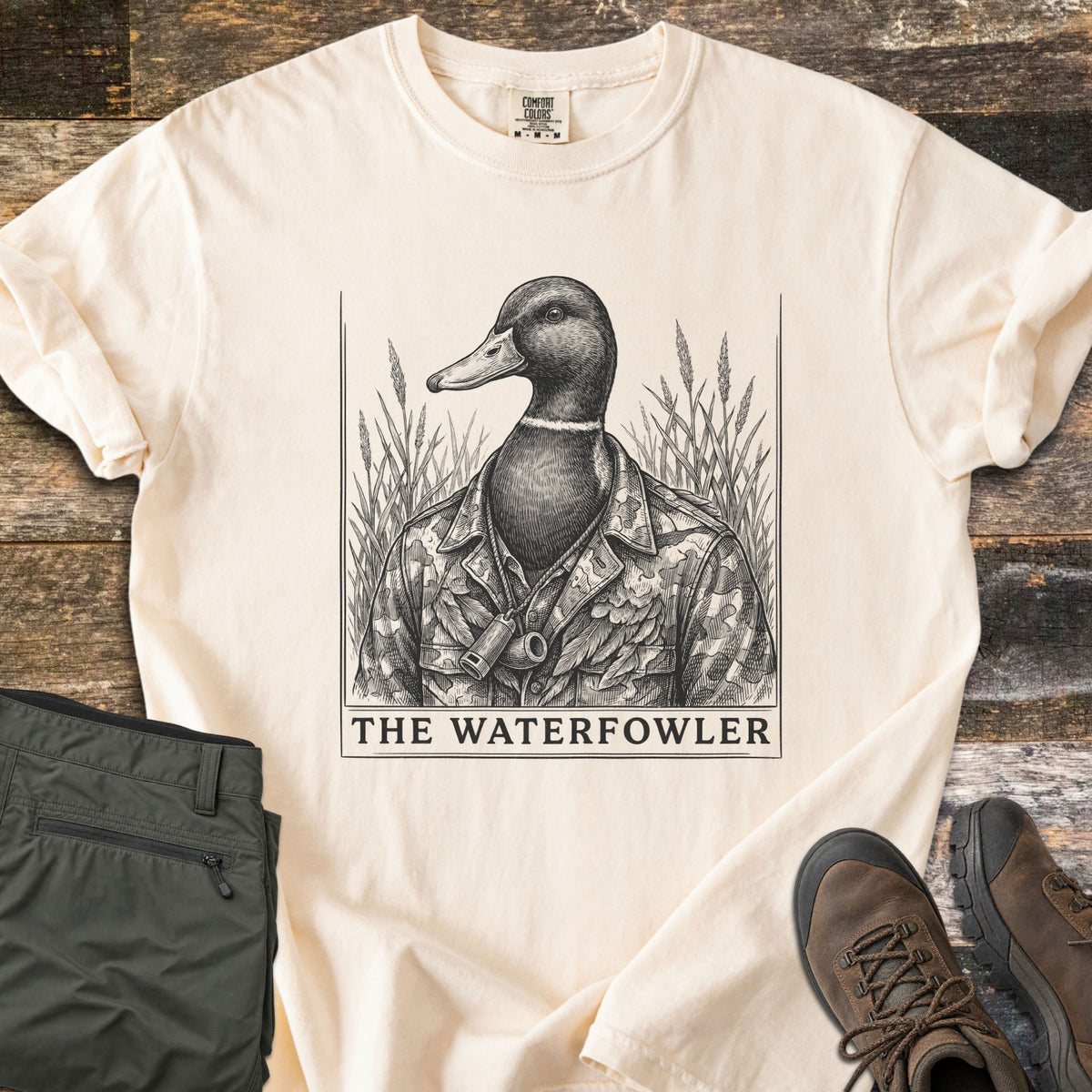 The Waterfowler Comfort Colors T-shirt in Ivory, laid flat. A black engraving-style mallard in a camo jacket with a duck call on a cord stands in marsh grass above the words The Waterfowler. Folded olive pants and brown hiking boots sit beside it on weathered wood.