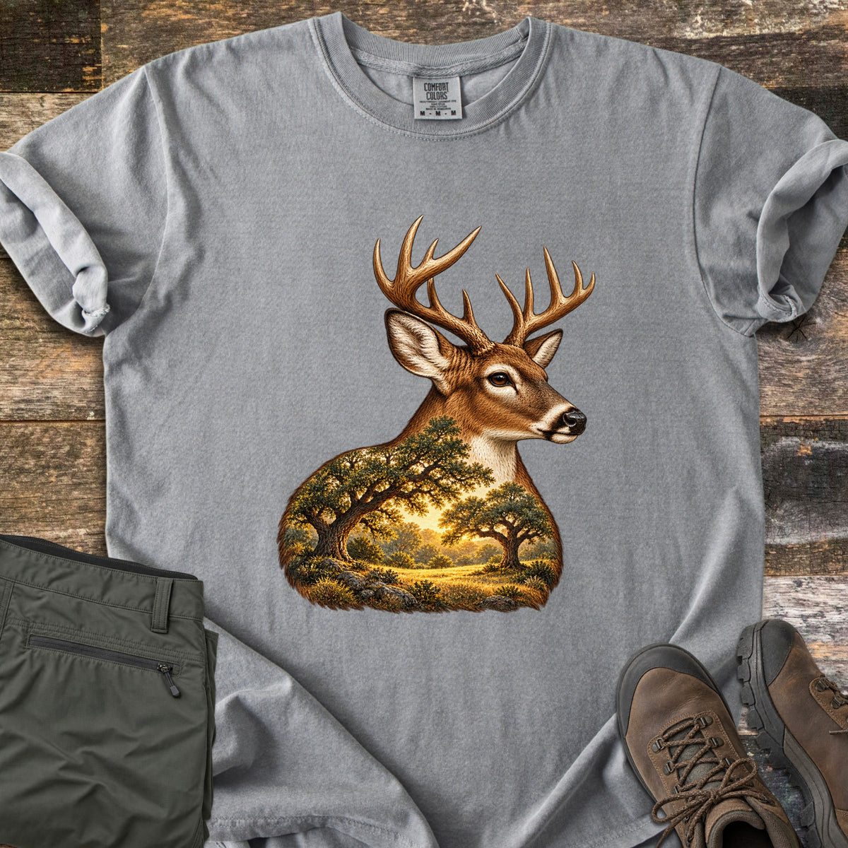 Whitetail Oak Grove Comfort Colors T-shirt in Grey, laid flat. A whitetail buck with branching antlers, its neck and chest filled with a sunlit grove of oak trees and grassy meadow. The shirt lies on weathered wood planks beside folded olive pants and brown hiking boots.