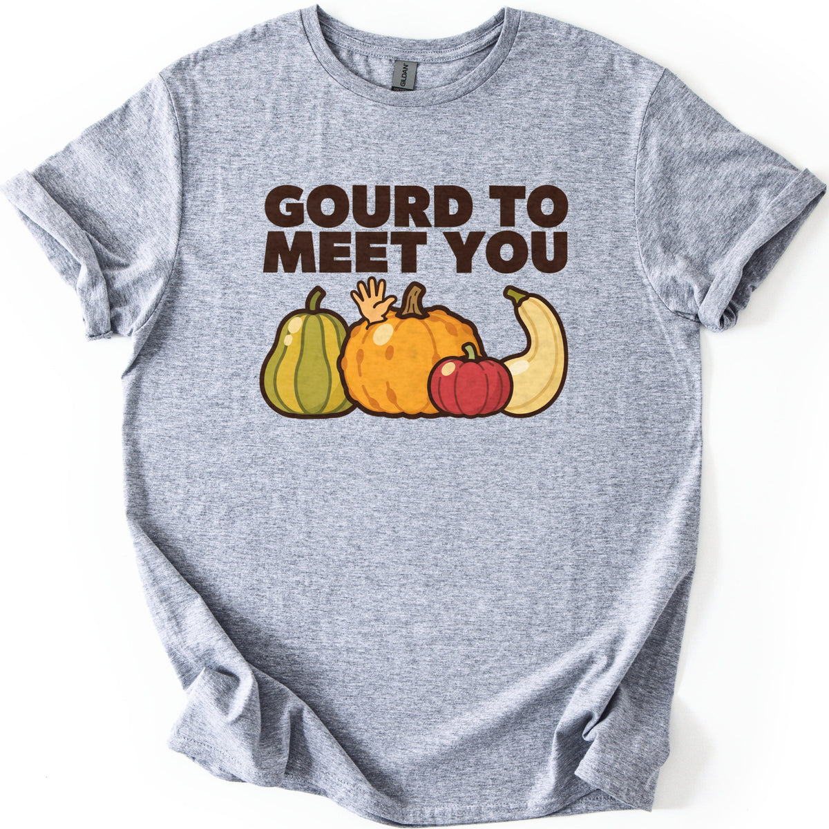 Gourd To Meet You Comfort Colors T-shirt in Sport Grey, laid flat. Dark brown block letters read GOURD TO MEET YOU over a row of cartoon gourds, with a small hand waving from behind the big orange pumpkin beside a green squash, red pumpkin and cream squash. Sleeves cuffed, on white.