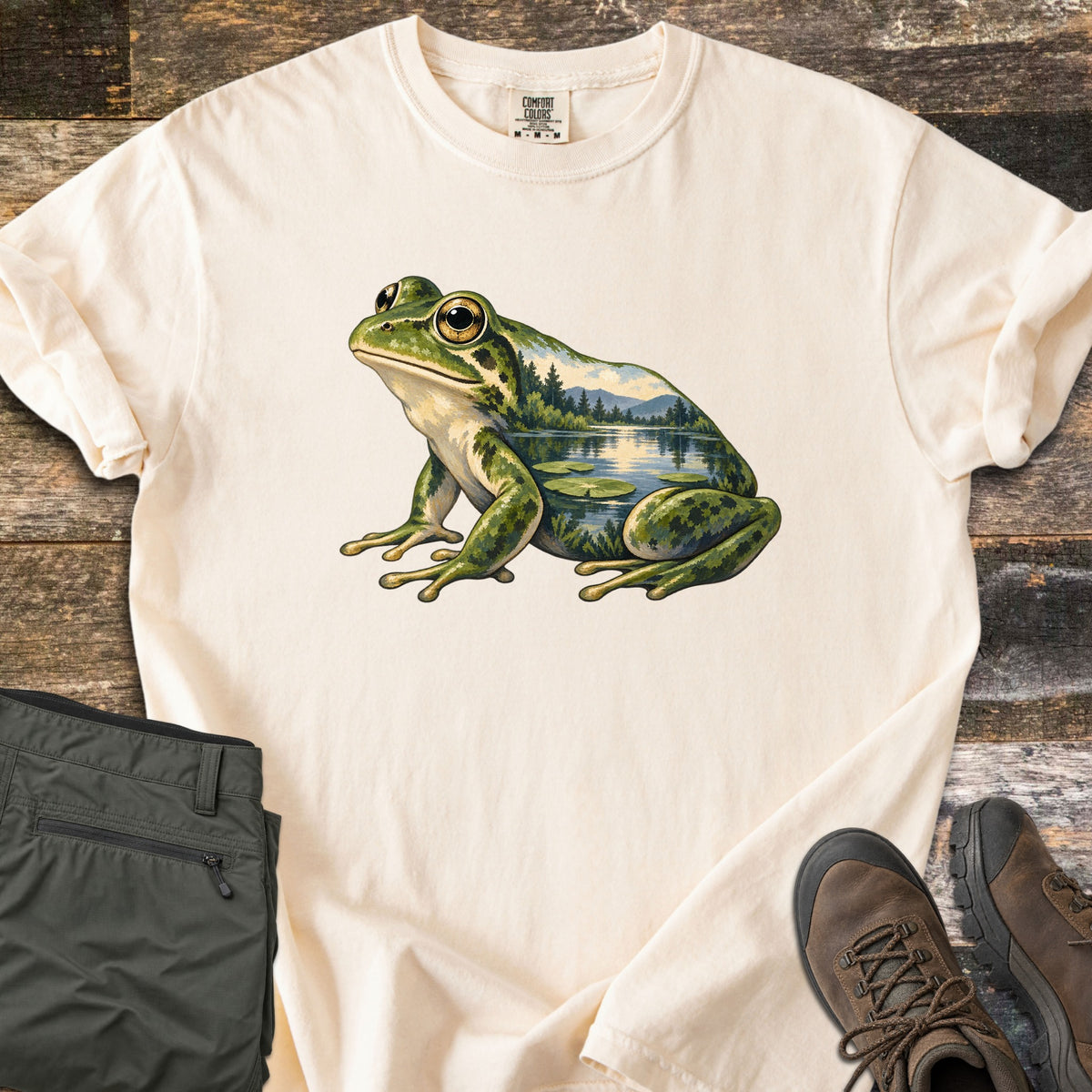 Lily Pond Frog Comfort Colors T-shirt in Ivory, laid flat. A painted green frog sits in profile, its body filled with a lake scene of pine trees, mountains, and lily pads. Folded olive pants and brown hiking boots lie beside it on weathered wood boards.