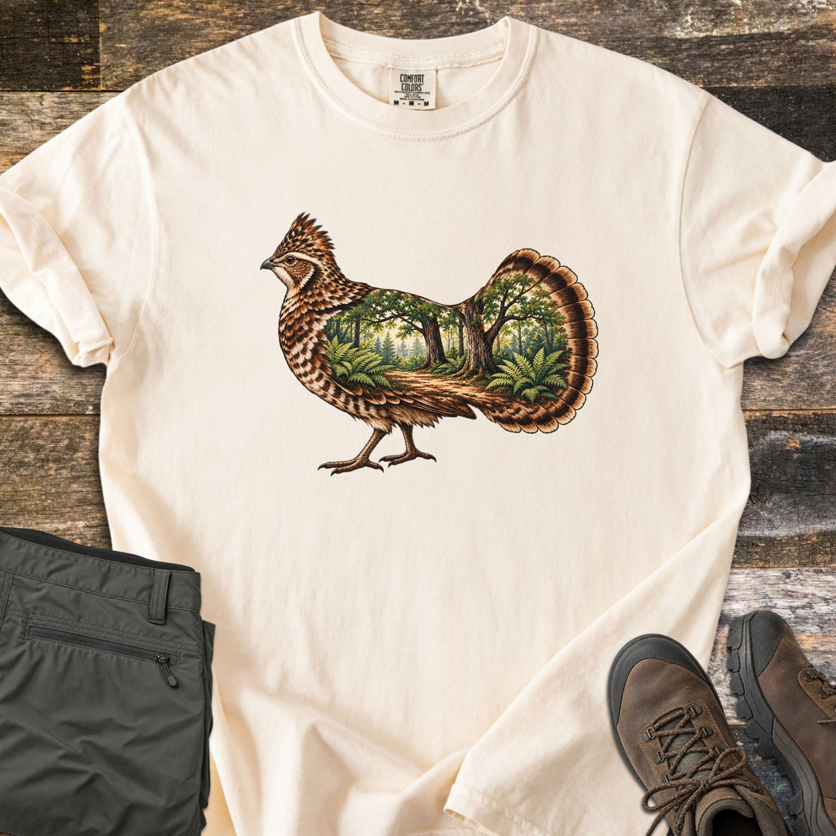 Ruffed Grouse Woods Comfort Colors T-shirt in Ivory, laid flat. A detailed ruffed grouse with a fanned tail, its body filled with a forest scene of oak trees, ferns and a dirt path. Folded olive pants and brown hiking boots sit beside it on weathered wood planks.