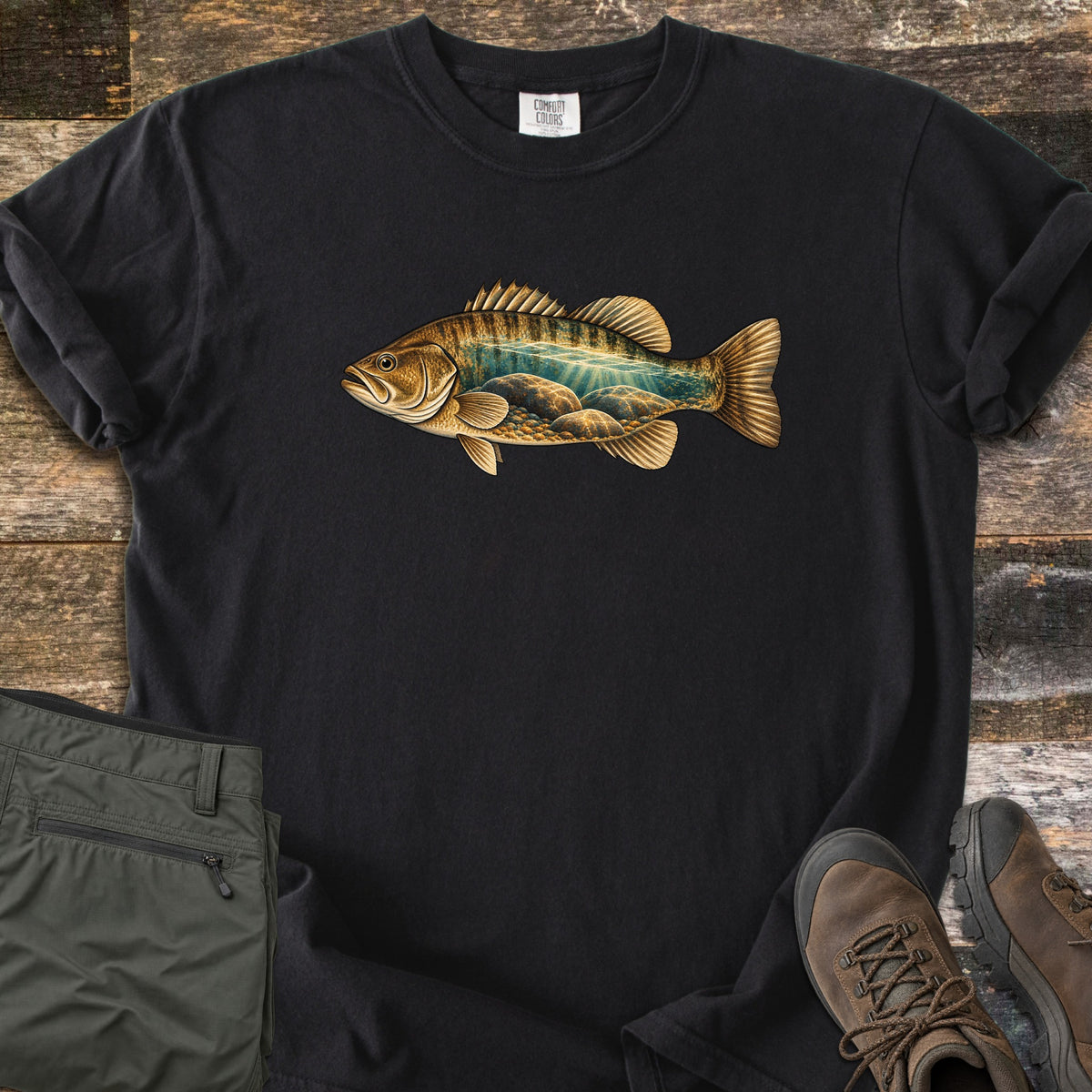 Rocky Shallows Bass Comfort Colors T-shirt in Black, laid flat. A golden-brown bass faces left, its body filled with sunlit teal water over rounded rocks, with no words. The shirt lies on weathered wood planks next to folded olive pants and brown leather hiking boots.