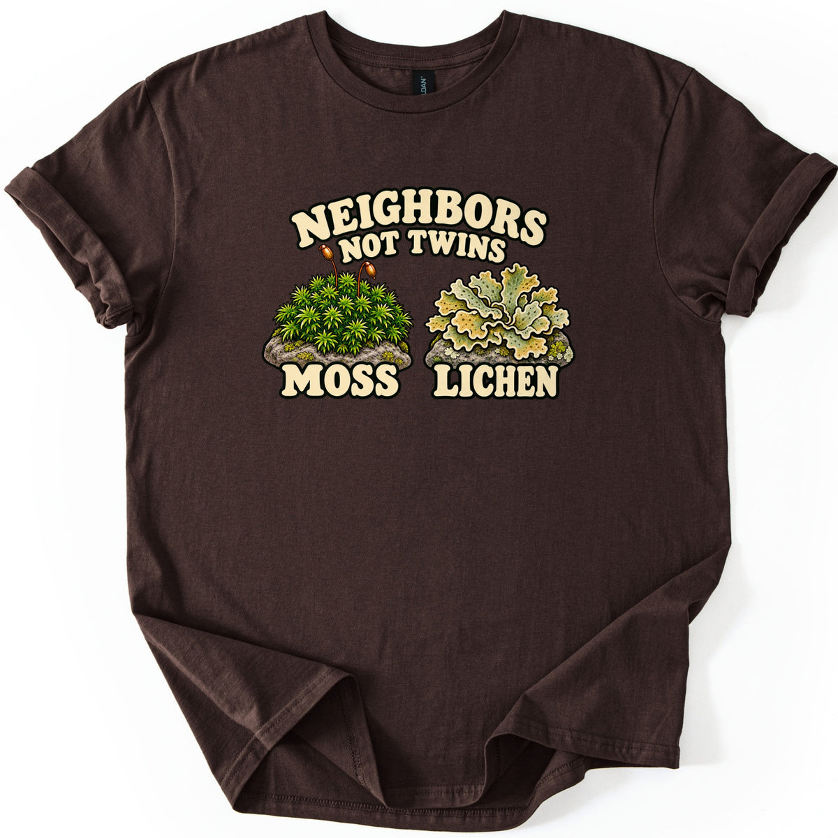 Neighbors Not Twins Comfort Colors T-shirt in Dark Chocolate, laid flat. Cream retro letters read Neighbors Not Twins above two rocks, one topped with green moss and two spore stalks labeled Moss, the other with pale green leafy lichen labeled Lichen. Sleeves rolled, on white.