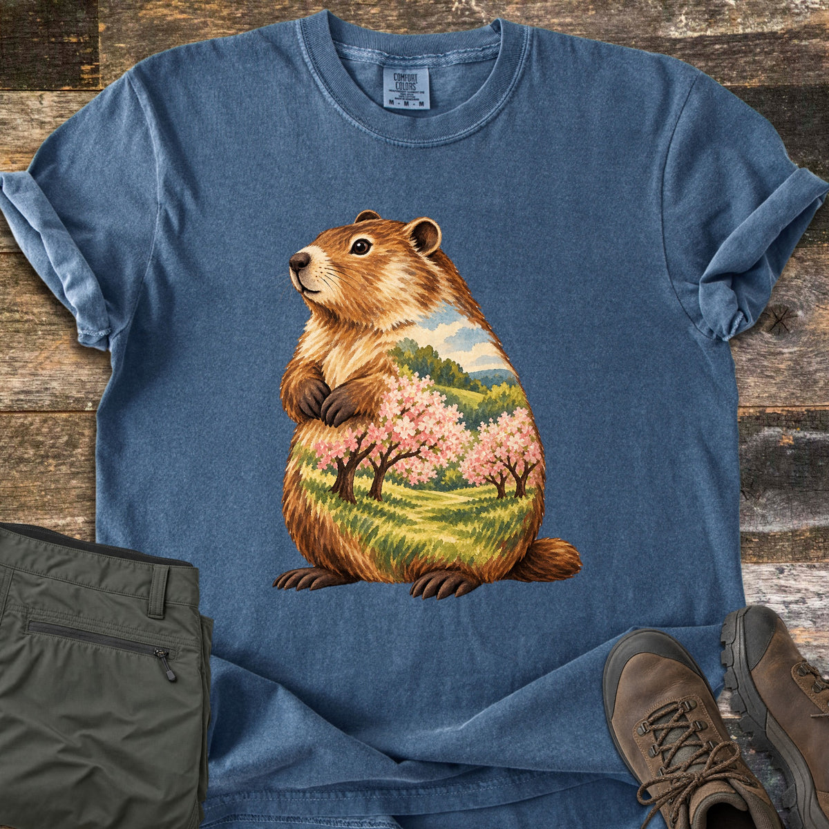 Groundhog Blossom Meadow Comfort Colors T-shirt in Denim, laid flat. A painted groundhog stands upright, its body filled with a meadow of pink blossoming trees, green hills and sky. The shirt lies on weathered wood beside olive hiking pants and brown hiking boots.