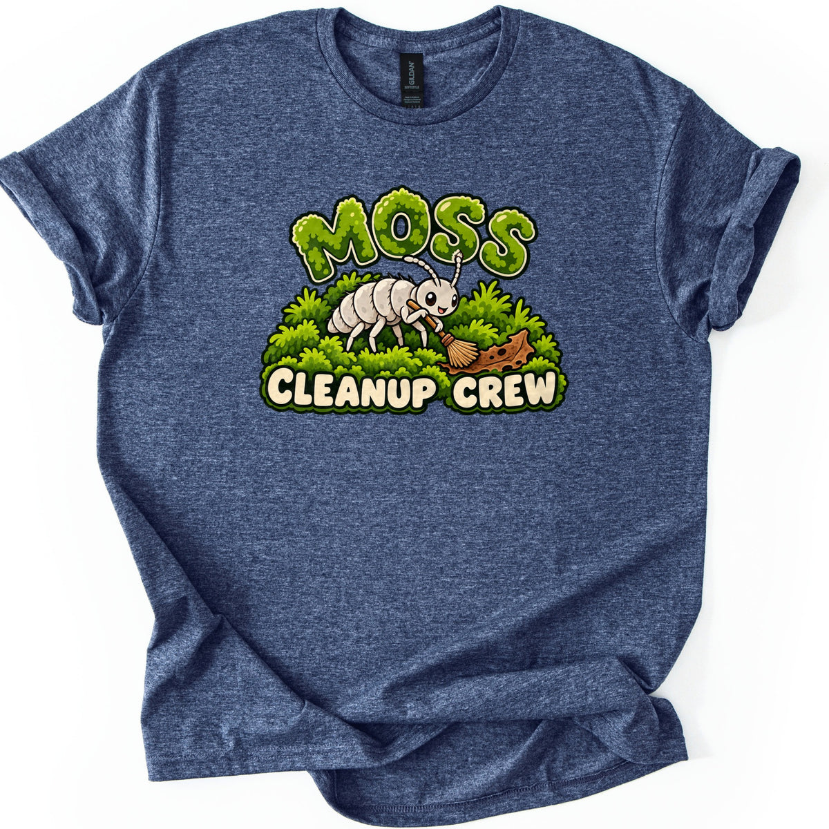 Moss Cleanup Crew Comfort Colors T-shirt in Heather Navy, laid flat. The word MOSS in green mossy letters tops a smiling white cartoon bug sweeping brown debris off a mound of moss with a broom, above the words CLEANUP CREW. Cuffed sleeves, on a white background.