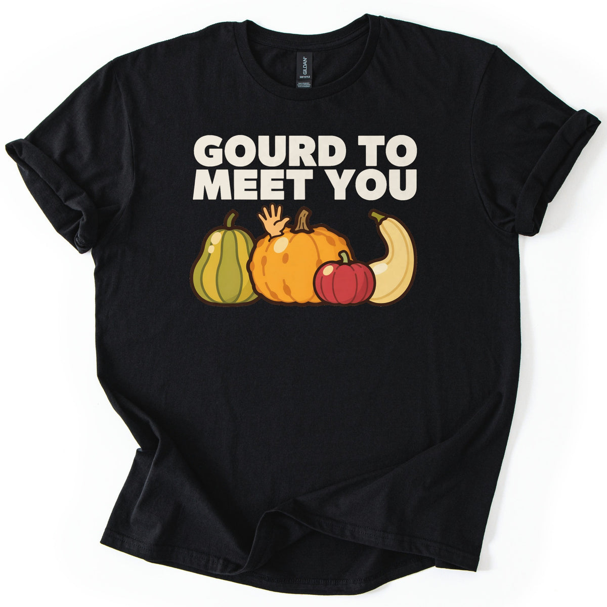 Gourd To Meet You Comfort Colors T-shirt in Black, laid flat. Cream block letters read GOURD TO MEET YOU above a cartoon green squash, bumpy orange pumpkin, small red pumpkin and curved cream squash, with a small hand waving from behind them. Sleeves cuffed, on white.