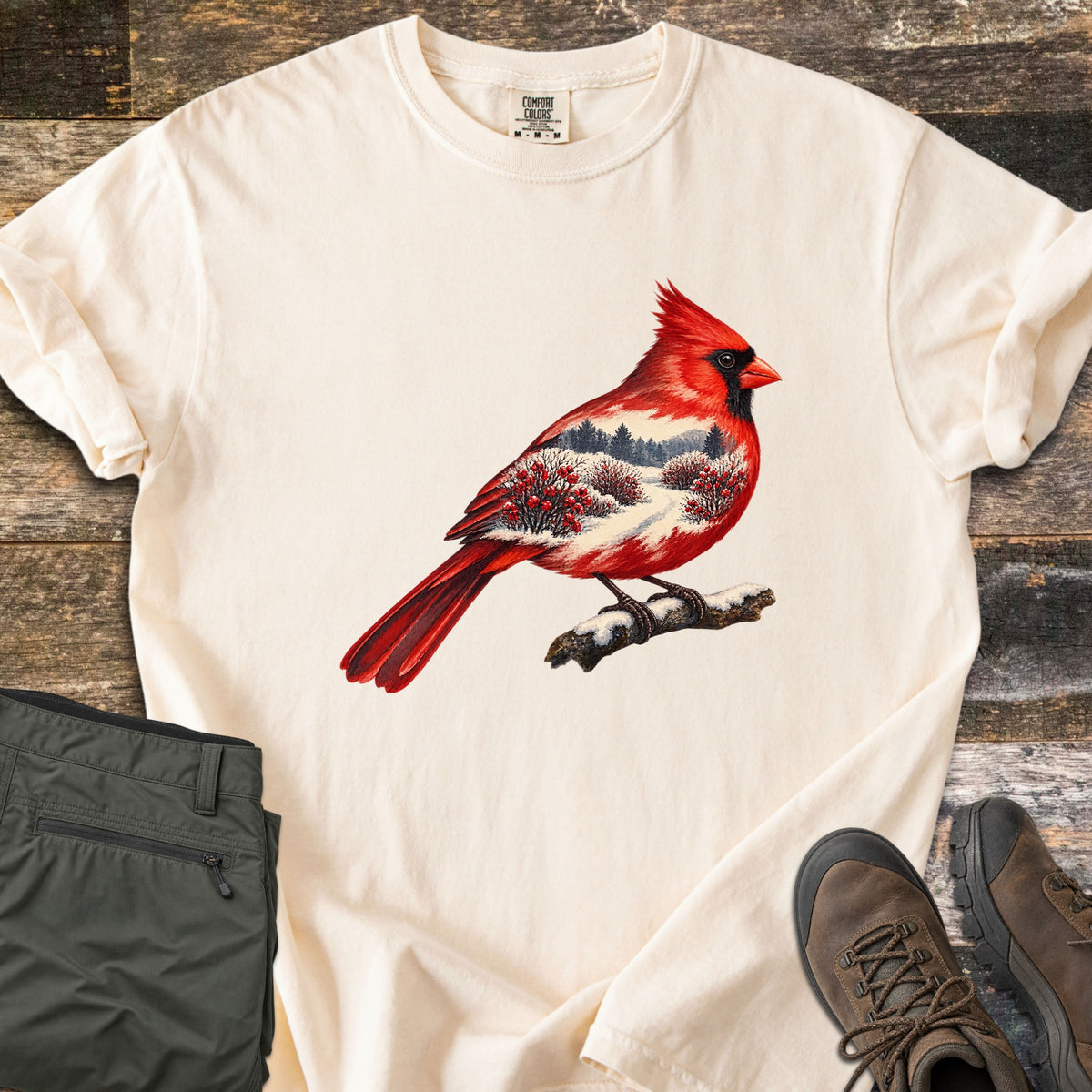 Winter Cardinal Comfort Colors T-shirt in Ivory, laid flat. A red cardinal perched on a snowy branch, its body filled with a snowy landscape of pine trees and red berry bushes. Rolled sleeves on weathered wood, with olive pants and brown hiking boots beside it.