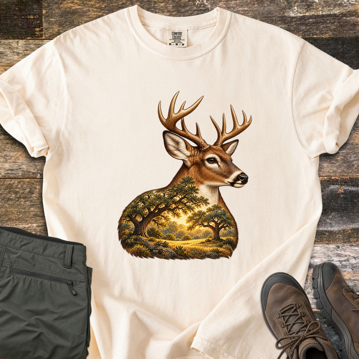 Whitetail Oak Grove Comfort Colors T-shirt in Ivory, laid flat. A whitetail buck with branching antlers, its neck and chest filled with a sunlit grove of oak trees and grassy meadow. The shirt lies on weathered wood planks beside folded olive pants and brown hiking boots.