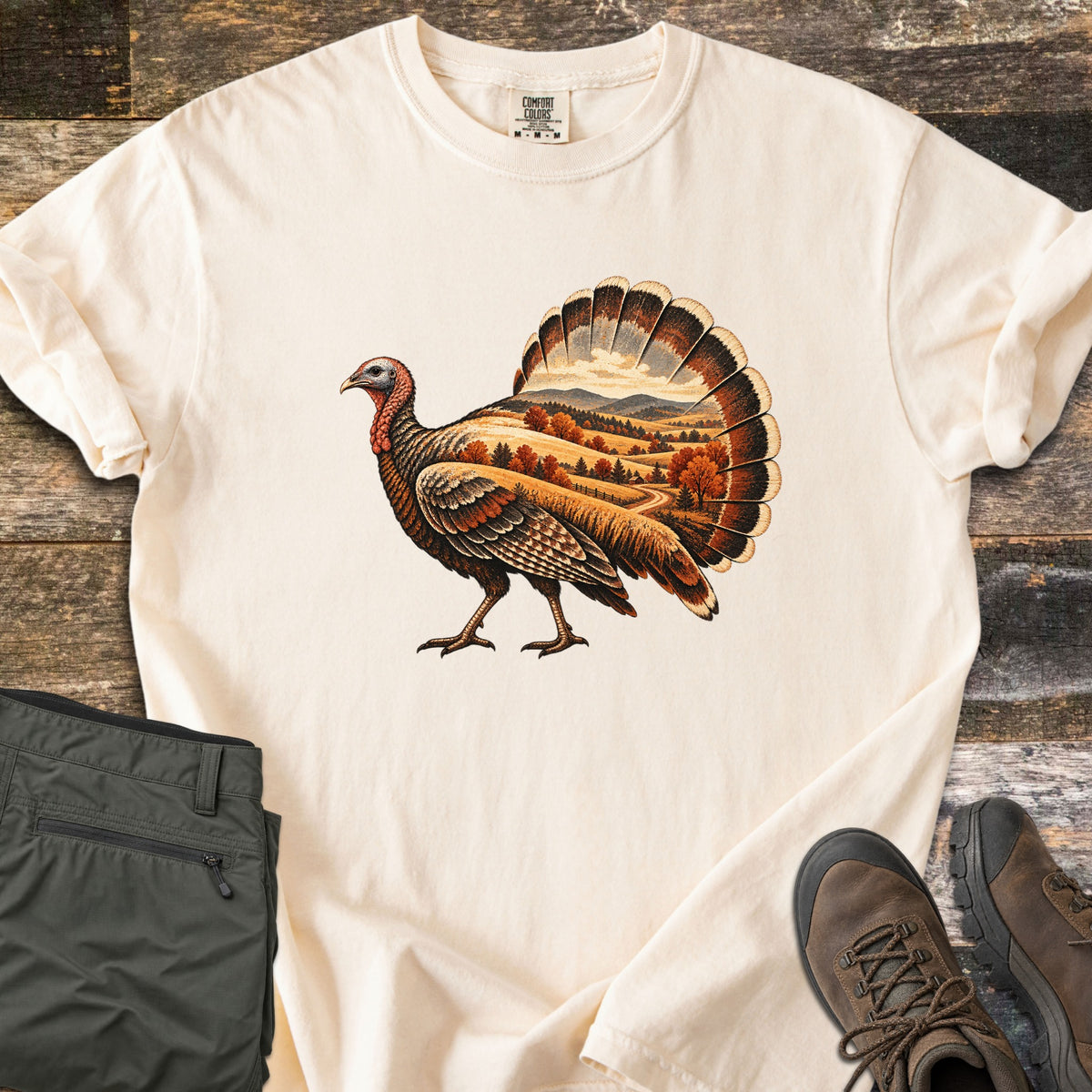 Turkey Harvest Hills Comfort Colors T-shirt in Ivory, laid flat. A wild turkey walks left, an autumn scene of golden hills, orange trees and a winding road filling its body and fanned tail. Sleeves rolled, on dark wood with folded olive pants and brown hiking boots.
